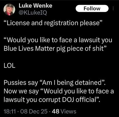 luke wenke x/twitter post calling police officer a blue lives matter pig piece of shit 2025