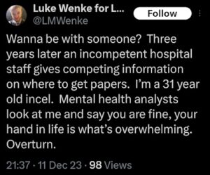 screenshot of a december 2023 luke wenke x/twitter post acting like a bitter incel