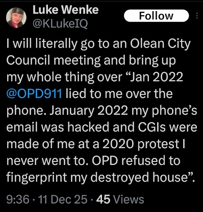 december 2025 x/twitter screenshot of luke wenke threatening to attend an olean city council meeting
