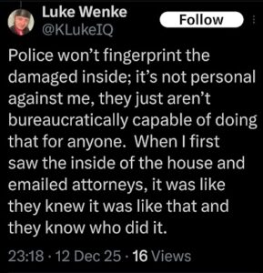 screenshot of a december 2025 luke wenke x/twitter post complaining about police