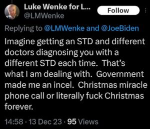 screenshot of a december 2023 luke wenke x/twitter post comparing mental health treatment to a sexually transmitted disease