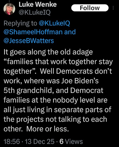 screenshot of a december 2025 luke wenke x/twitter post mocking democrats for living in the project