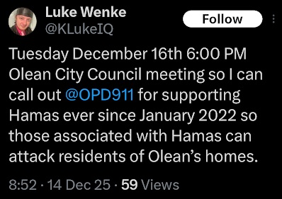 luke wenke threatens to doxx people at an upcoming olean city council meeting x/twitter screenshot december 2025
