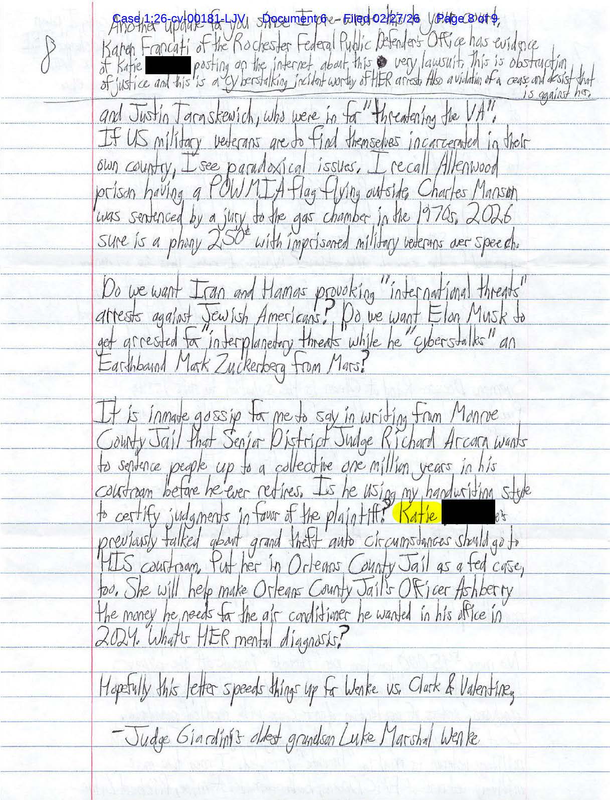 A handwritten letter from Luke Wenke to the Honorable Lawrence J. Vilardo; 02/27/2026