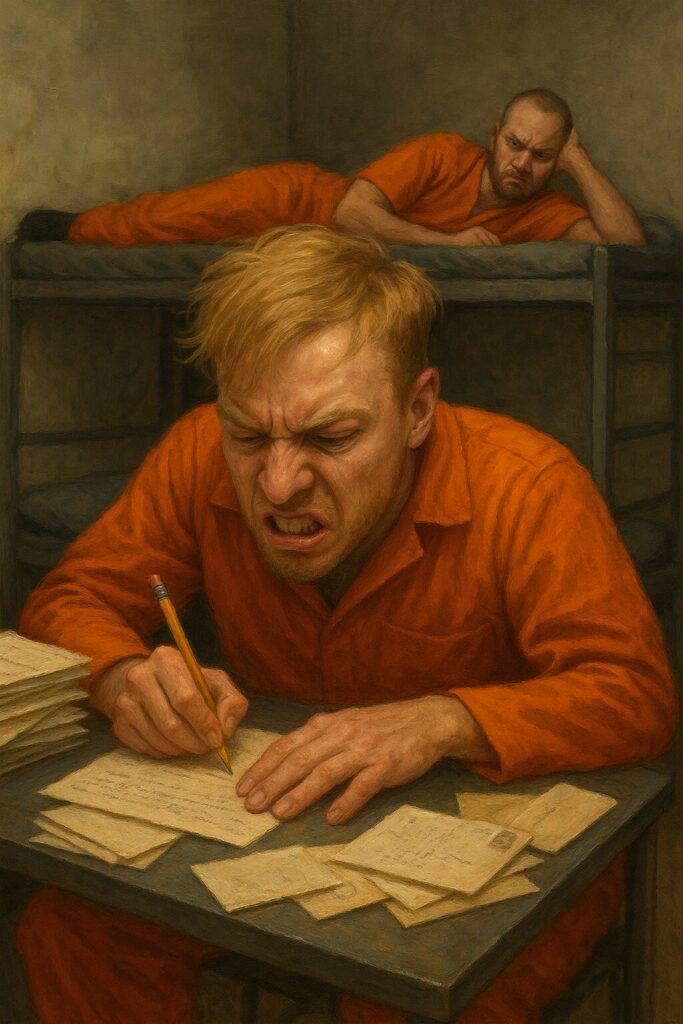 not luke wenke angry whtie male inmate writing letters prison cell