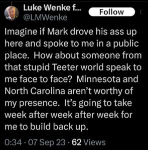 screenshot of a september 2023 luke wenke x/twitter screenshot about his romantic obsession benjamin ryan teeter