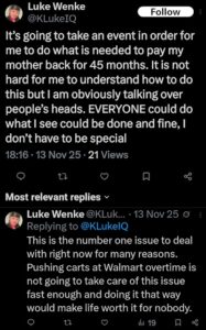 a november 2025 luke wenke x/twitter post about his mommy paying his bills while he was in jail