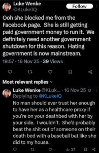 screenshot of a november 2025 luke wenke x/twitter post complaining because stalking victim katie blocked him