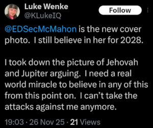 screenshot of a November 2025 Luke Wenke x/twitter post falsely accusing his stalking victims of attacking him