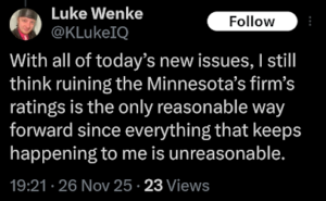 screenshot of a November 2025 Luke Wenke x/twitter post threatening to write fake one-star reviews about his stalking victim's law firm