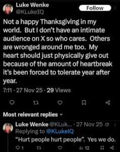 a november 2025 luke wenke x/twitter screenshot complaining about being single on thanksgiving