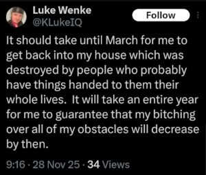 screenshot of a november 2025 luke wenke x/twitter post about fixing his condemned house in olean