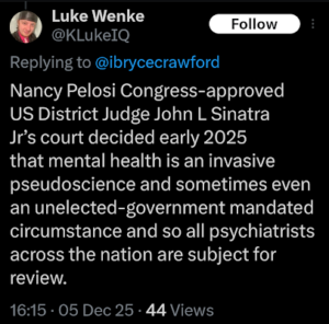 screenshot of a 2025 luke wenke x/twitter post denying mental illness