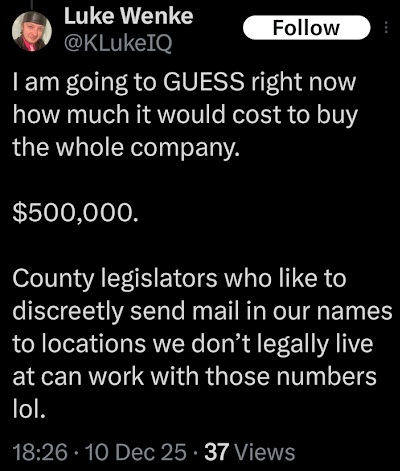 x/twitter screenshot of luke wenke fantasizing about buying out his boss december 2025
