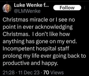 a screenshot of a december 2025 x/twitter post by luke wenke demanding a christmas miracle