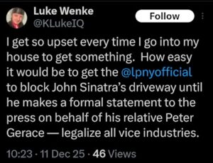 screenshot of a self-pitying x/twitter post by luke wenke feeling sorry for himself december 2025