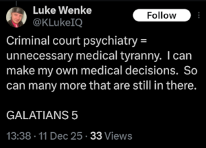 x/twitter screenshot of luke wenke denying mental illness december 2025