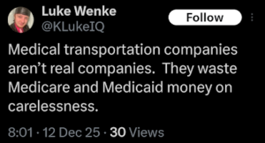 x/twitter screenshot of skyy homes medical transport worker luke wenke complaining about his employer