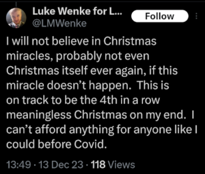 screenshot of a luke wenke x/twitter post demanding a phone call from stalking victim benjamin ryan teeter