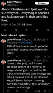 screenshot of a december 2025 luke wenke x/twitter post about wanting to sue everyone