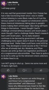 screenshot of an august 2023 facebook post by luke wenke announcing his intentions not to stop his imaginary crusade for justice