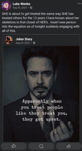 screenshot of an august 2023 luke wenke facebook post taunting and threatening stalking victim katie