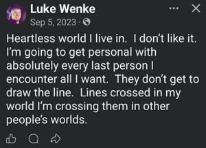 screenshot of a september 2023 Luke Wenke Facebook post about being an incel who no one wants to be with