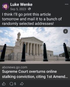 screenshot of a september 2023 Luke Wenke facebook post about his obsession with sending letters to his stalking victims