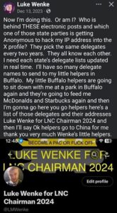 screenshot of a december 2023 luke wenke facebook post about running for libertarian chairman