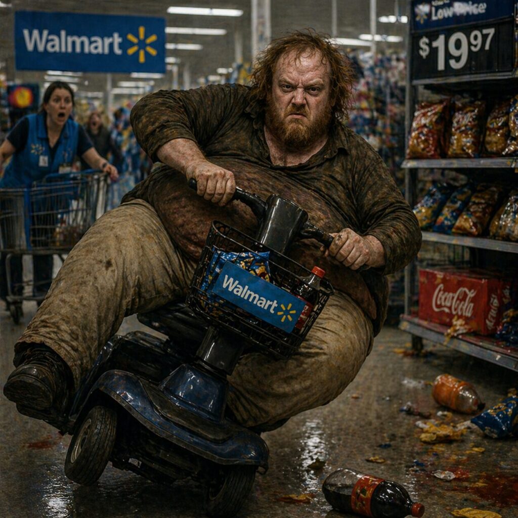 an AI-generated painterly image of an overweight 30-something white man falling over in a walmart scooter