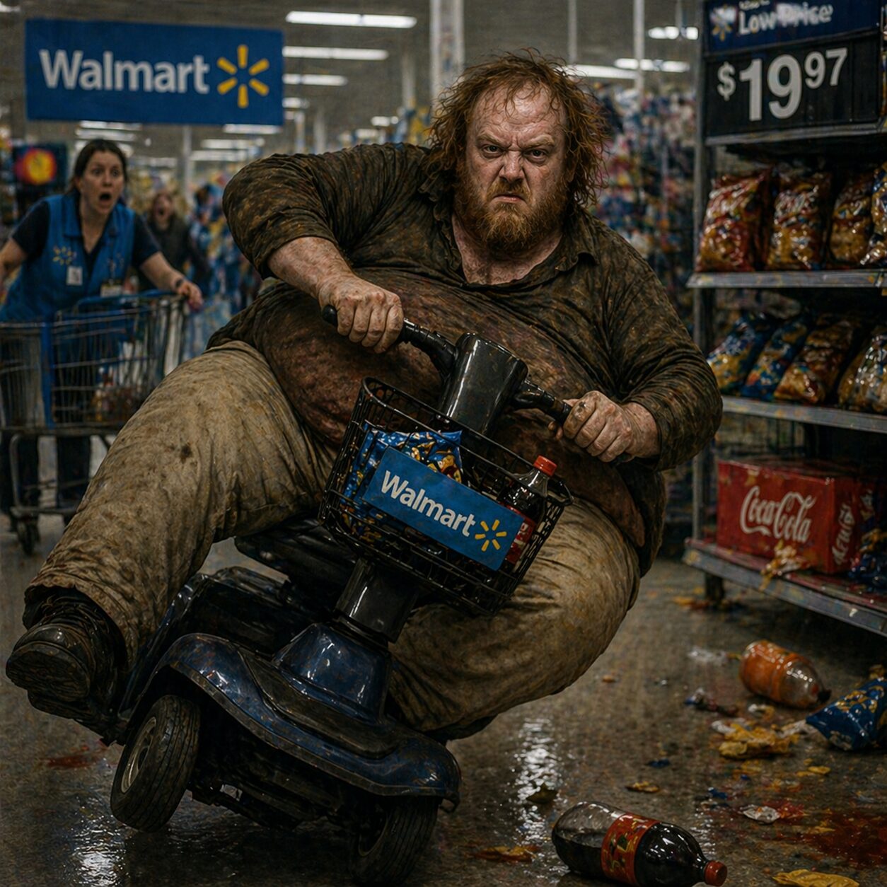 an AI-generated painterly image of an overweight 30-something white man falling over in a walmart scooter