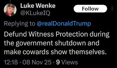 screenshot of a november 2025 luke wenke x/twitter post upset believing his victims are in witness protection