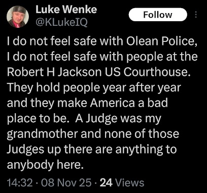 screenshot of a november 2025 luke wenke x/twitter post pretending to be scared of his victims