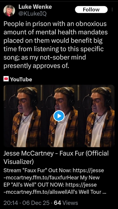 screenshot of a december 2025 luke wenke x/twitter post mocking the court's mandated mental health treatment