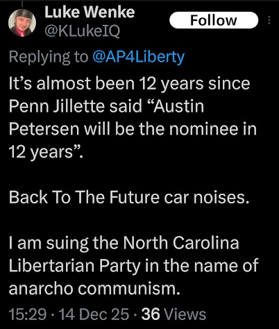 luke wenke announces his plans to sue the north carolina libertarian party x/twitter screenshot december 2025
