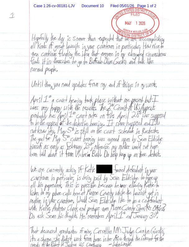 A letter from Luke Wenke to the Honorable Lawrence J. Vilardo; 05/01/2026.