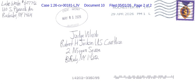 A letter from Luke Wenke to the Honorable Lawrence J. Vilardo; 05/01/2026.