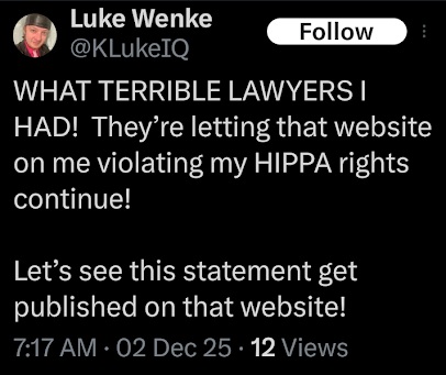 screenshot of a december 2025 luke wenke x/twitter post blaming his public defenders for his legal problems
