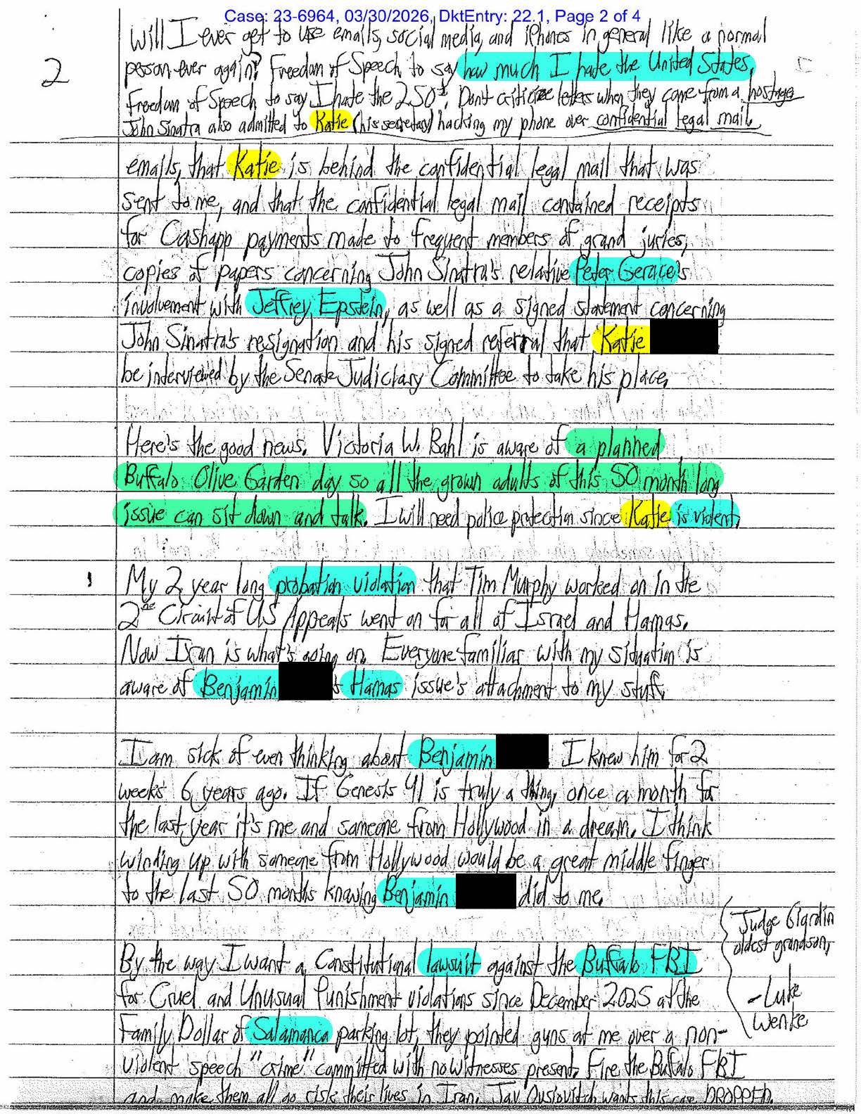 A letter from Luke Wenke to US Appeals Judge Debra Ann Livingston; 03/2026.