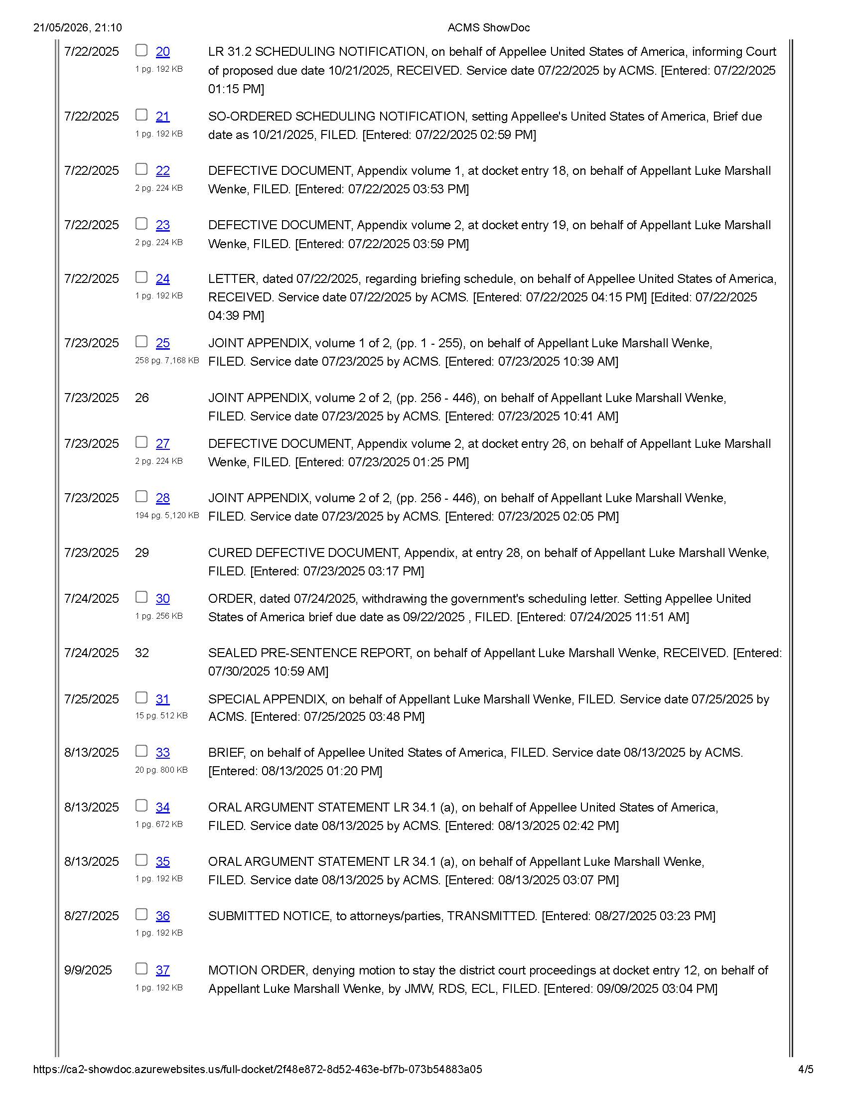 The docket report for Luke Wenke's 2025 appeal of his federal cyberstalking case.