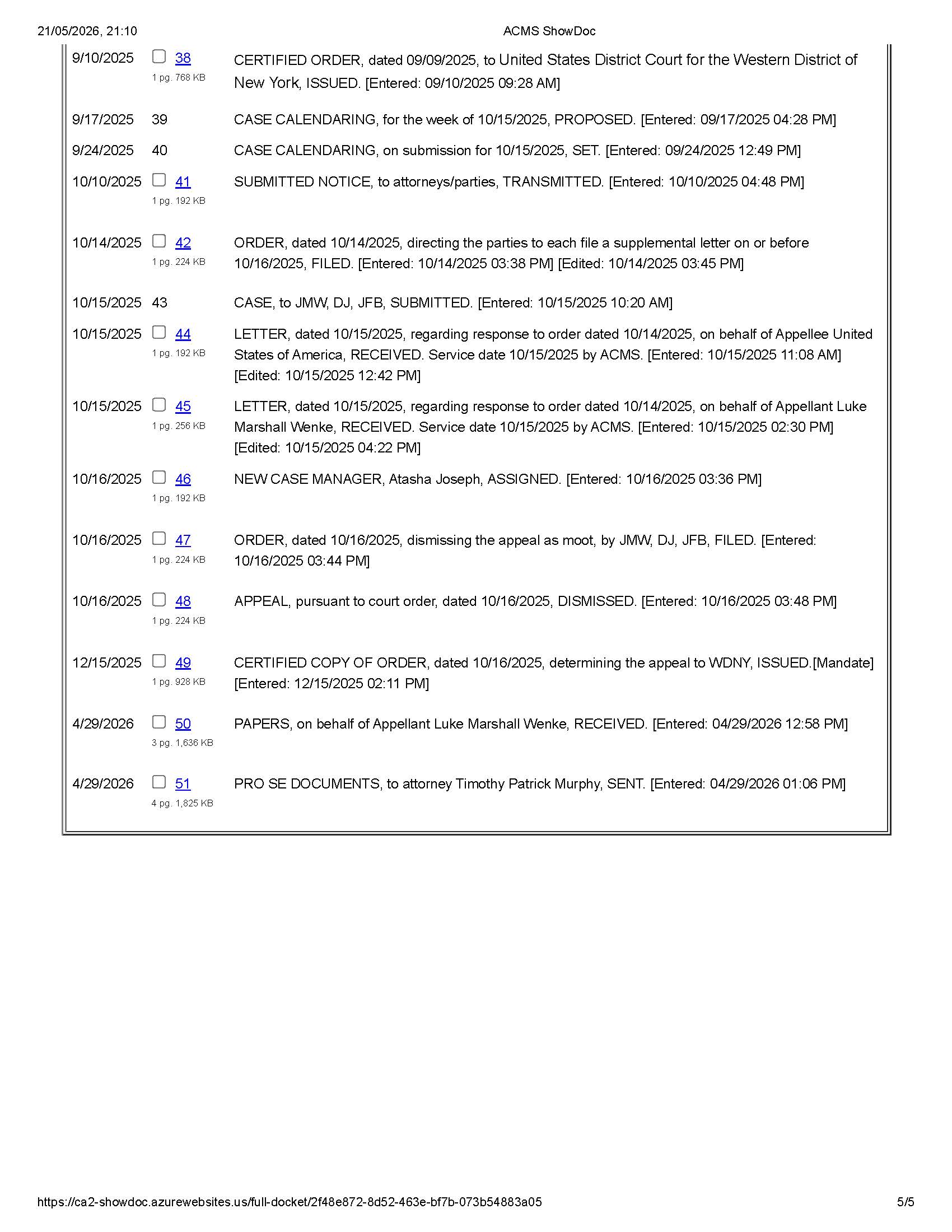 The docket report for Luke Wenke's 2025 appeal of his federal cyberstalking case.