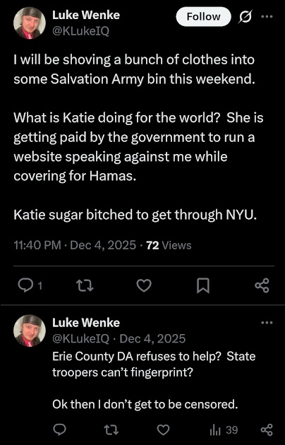 screenshot f a december 2025 Luke Wenke X/Twitter post falsely accusing katie of conspiring with terrorists