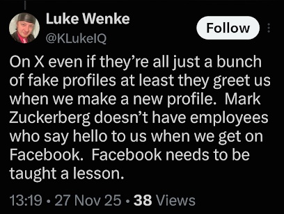 screenshot of a November 2025 Luke Wenke X/Twitter post praising X over Facebook